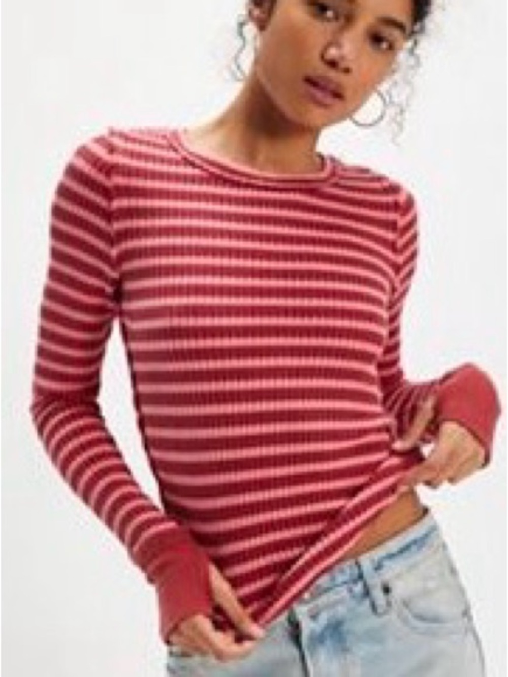Free People Striped Long Sleeve Thermal Top - Red & Pink Sold Out